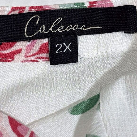 Calessa Tunic Top White Pink Floral Frenzy 2X Roll Tab Sleeves Pockets Button Up - Picture 8 of 9